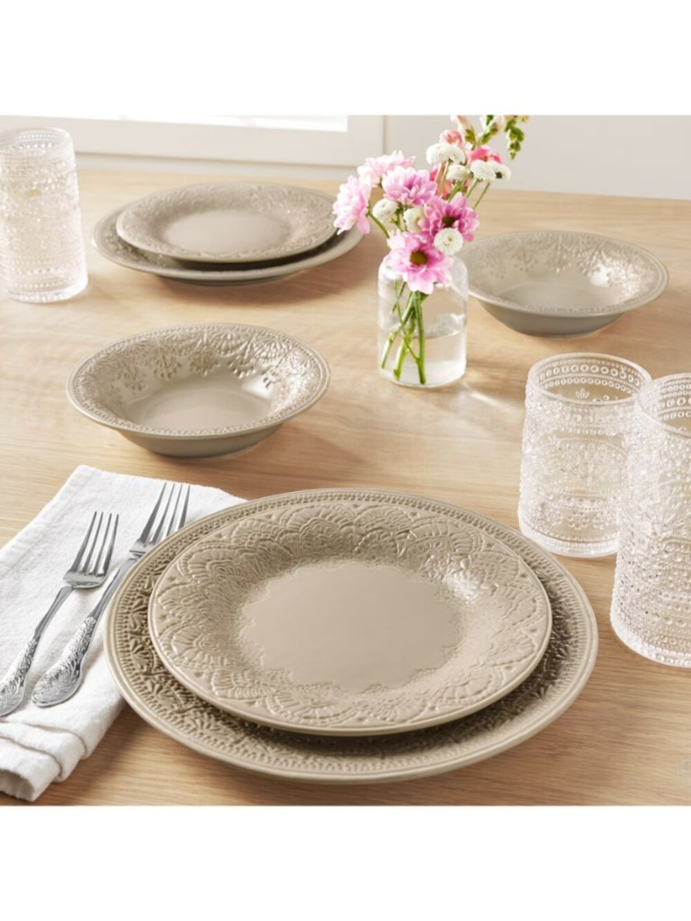 The Woman Pioneer Taupe Beautiful Vintage Lace Collection Ceramic Dinnerware